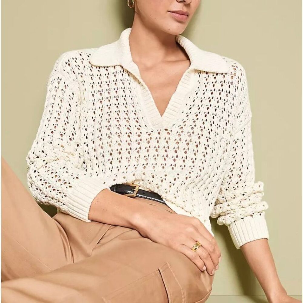 Loft ecru crochet collared sweater size xxs